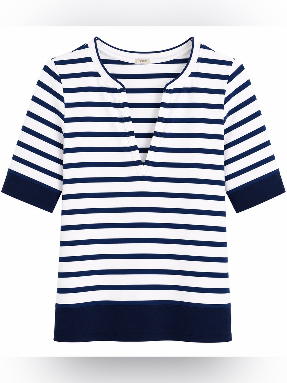 J. Crew Women’s White and Royal Blue  Striped V Neck Tee with Navy Trim, Medium